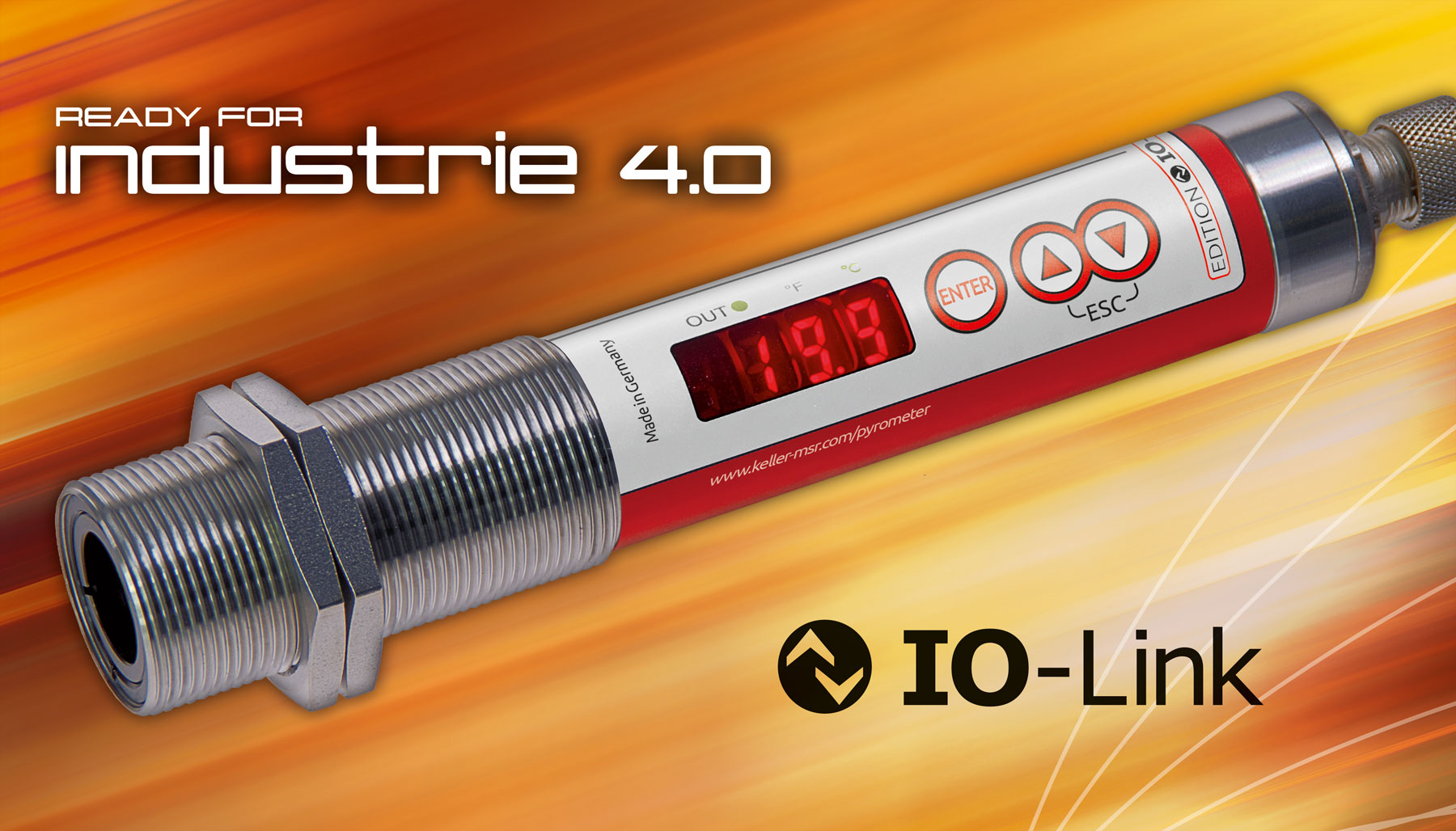 Infrared thermometer with IO-Link interface, analogue output and switching contact.